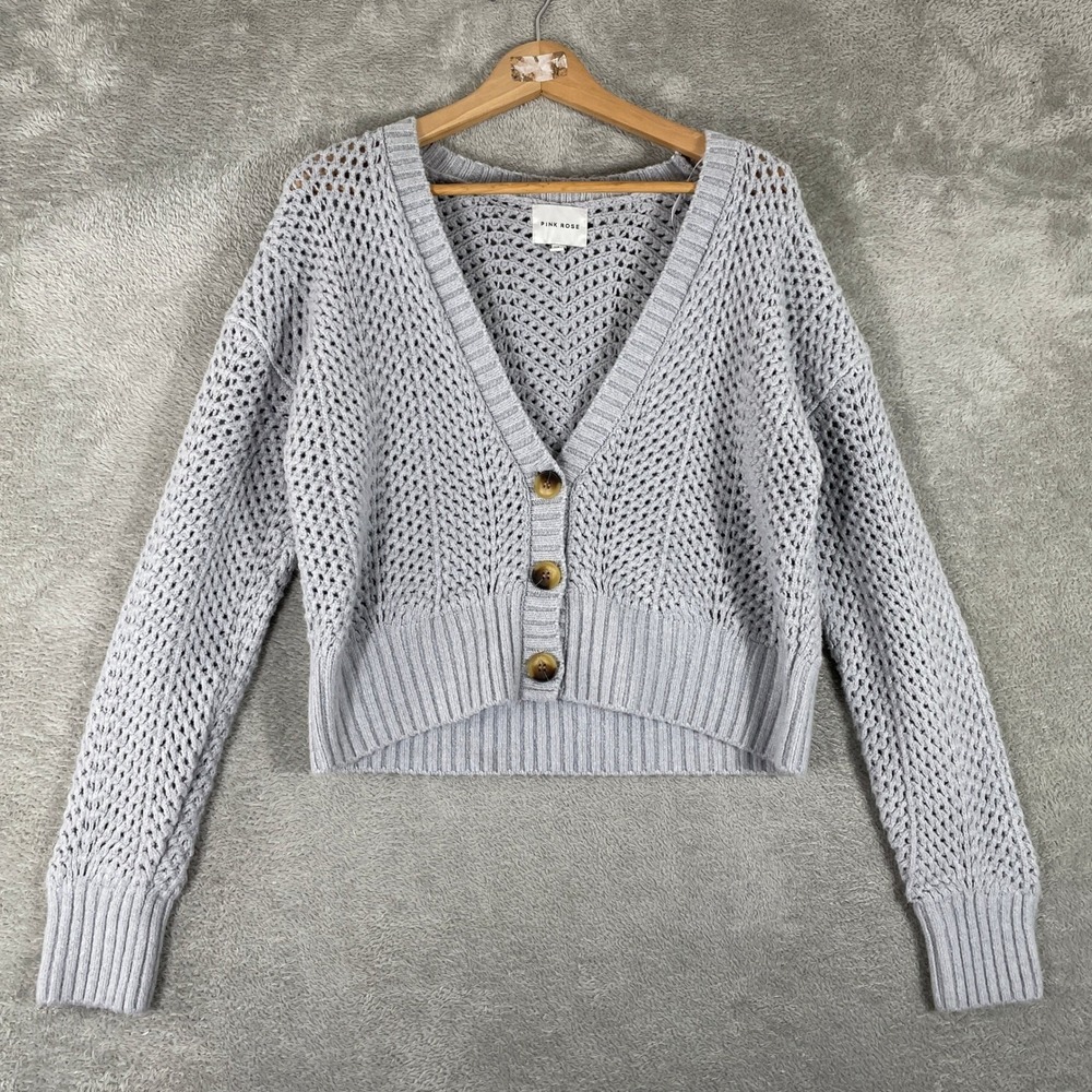 Pink Rose Cardigan Womens Large Lavender Gray Open Knit Cropped Boho Pointelle